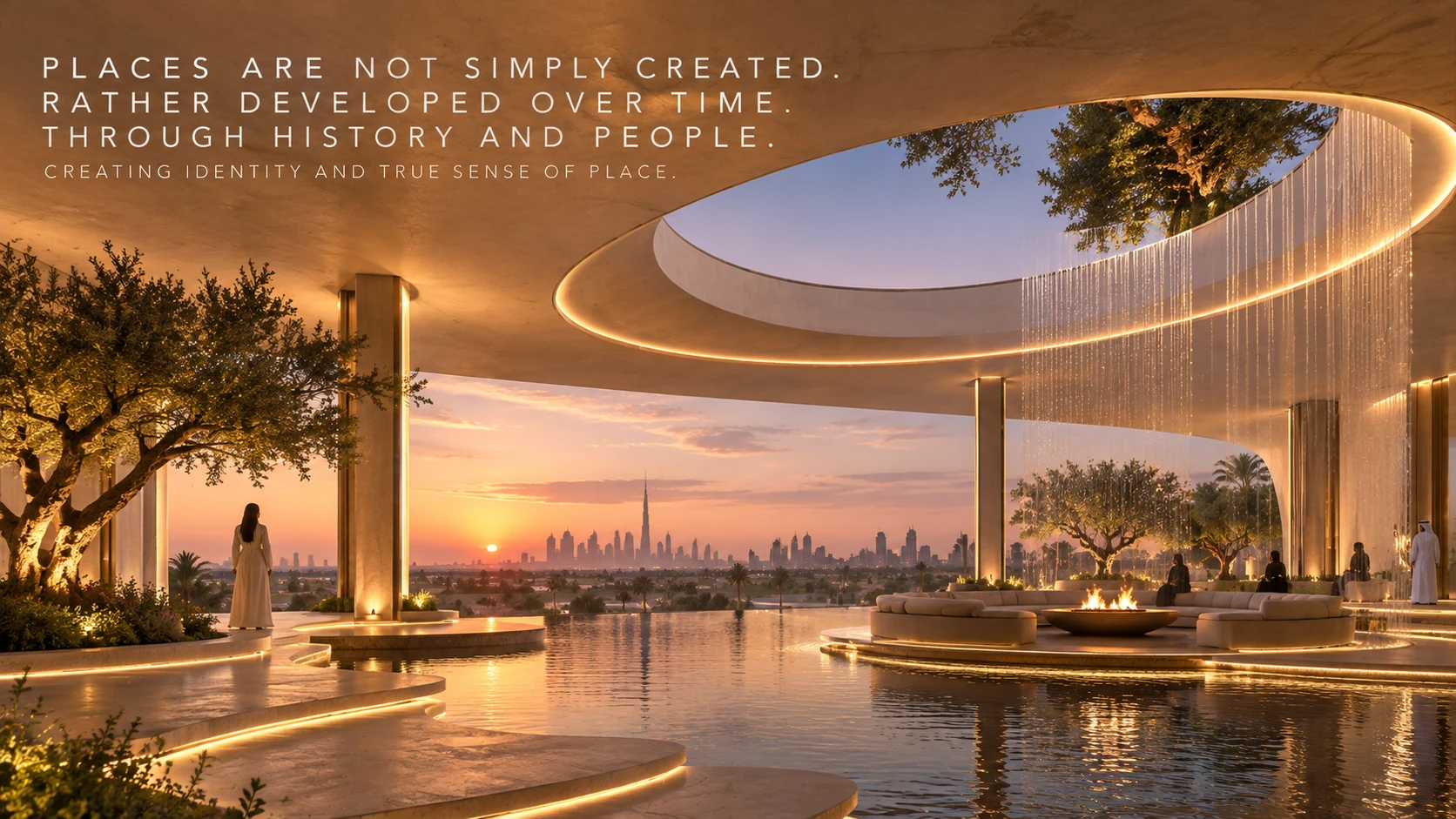Sunset lounge with a circular waterfall and Dubai skyline