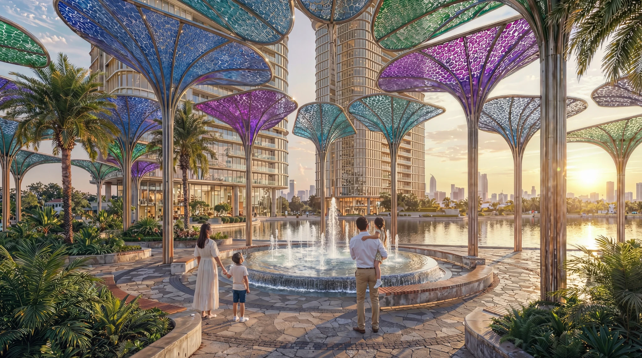 People walking beneath colorful sculptural canopies beside fountains and palm trees